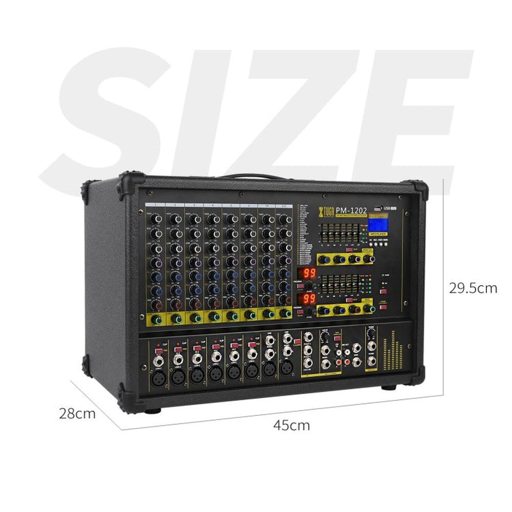 XTUGA PM1202 900W 10 Channel Stage Power Mixer 24Bit Multil - FX Processor Dual 99 DSP Effect DJ Amplifier, PM1202 - laboratorydeal