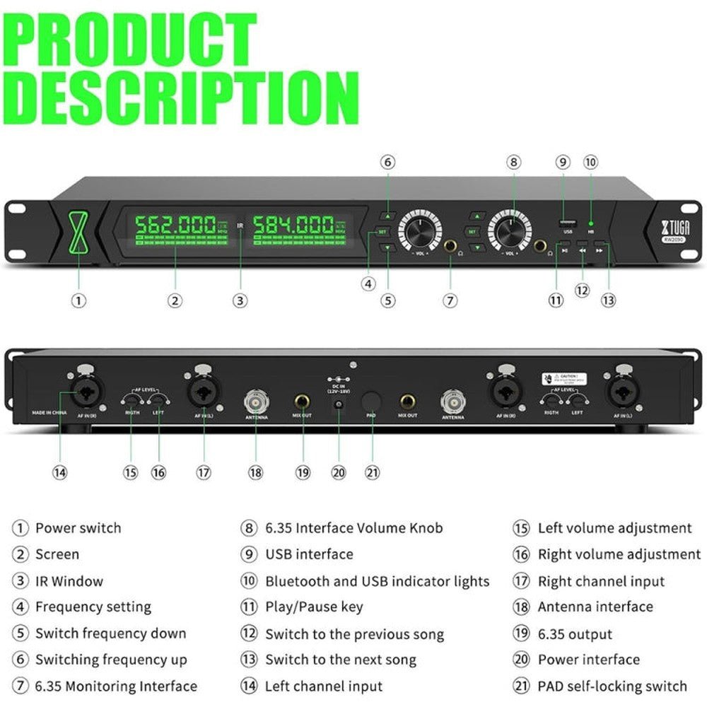 XTUGA RW2090 Professional Stage Wireless 2 Channel In Ear Monitoring System 2 in 1, US Plug, EU Plug, AU Plug, UK Plug - laboratorydeal