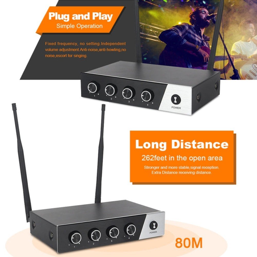 XTUGA S400 Professional 4 - Channel UHF Wireless Microphone System with 4 Handheld Microphone, US Plug, EU Plug, AU Plug, UK Plug - laboratorydeal