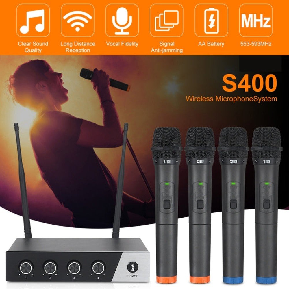XTUGA S400 Professional 4 - Channel UHF Wireless Microphone System with 4 Handheld Microphone, US Plug, EU Plug, AU Plug, UK Plug - laboratorydeal