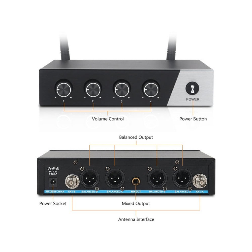 XTUGA S400 Professional 4 - Channel UHF Wireless Microphone System with 4 Handheld Microphone, US Plug, EU Plug, AU Plug, UK Plug - laboratorydeal