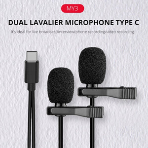 YELANGU MY3 Type - C Interface Live Broadcast Interview Mobile Phone Double Clip Lavalier Microphone, Length: 2.5m, MY3 - laboratorydeal