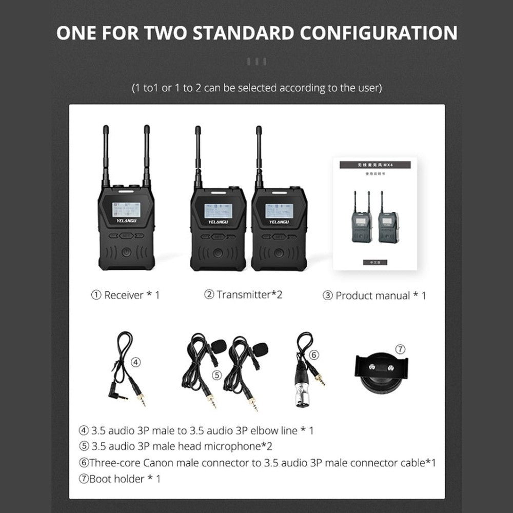 YELANGU YLG9929B MX4 Dual - Channel 100CH UHF Wireless Microphone System with 2 Transmitters and Receiver for DSLR Cameras and Video Cameras, YLG9929B - laboratorydeal