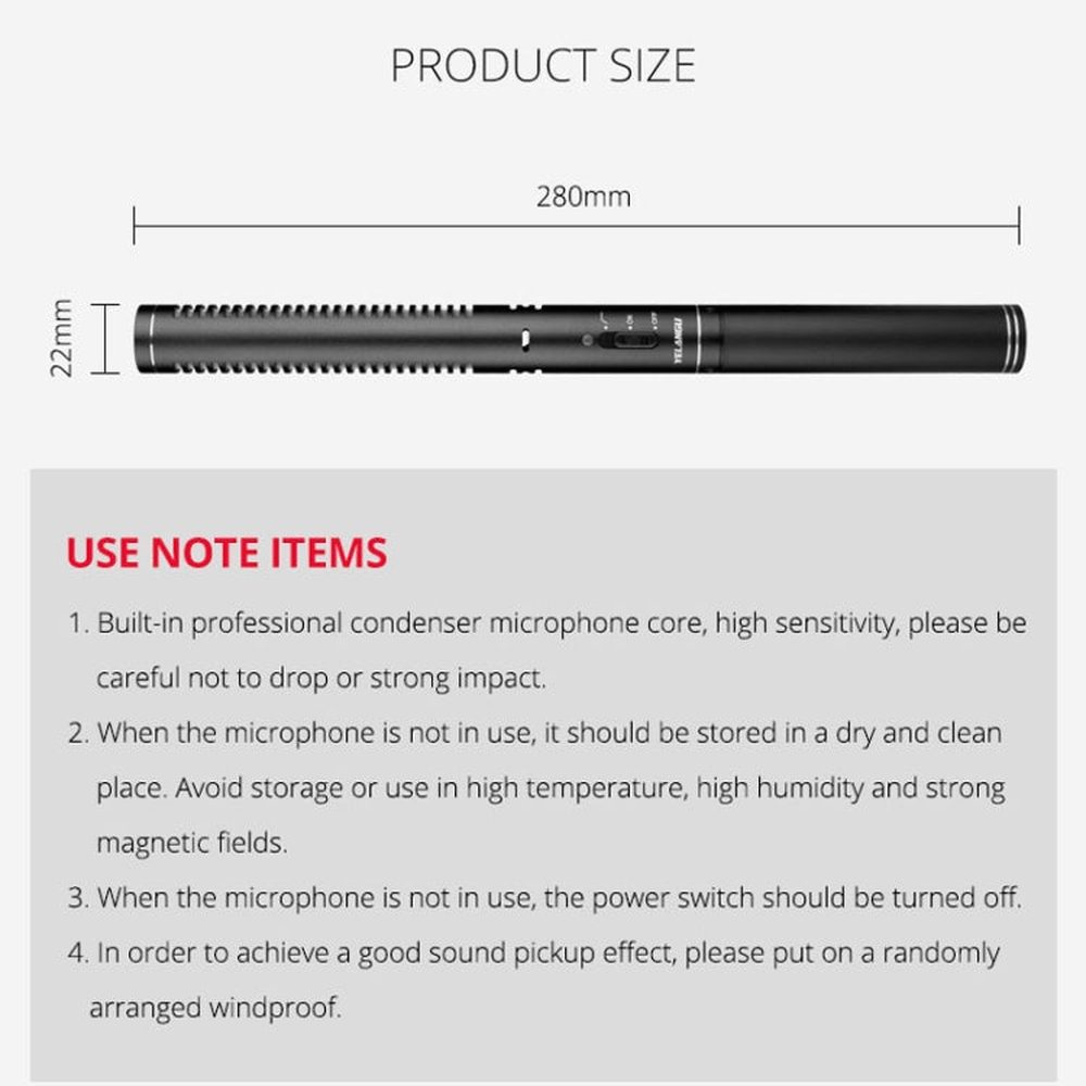 YELANGU YLG9933A MIC07 Professional Interview Condenser Video Shotgun Microphone with 6.5mm Audio Adapter & 3.5mm RXL Audio Cable - laboratorydeal