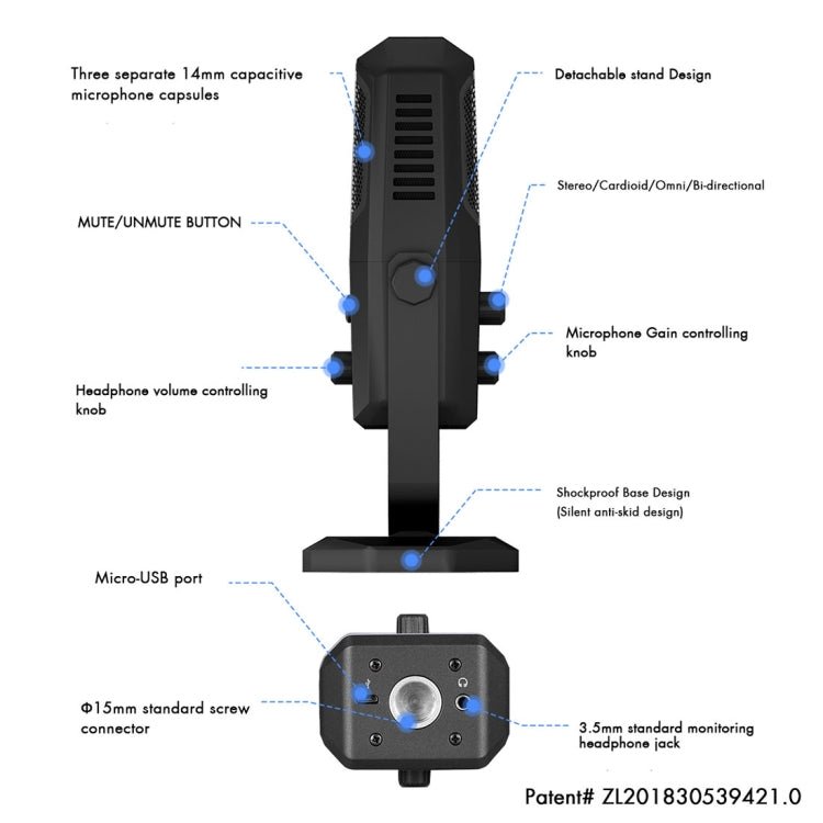 Yanmai SF - 900 Multi - function Four Directivity Studio Recording Condenser Microphone with Desktop Stand - laboratorydeal