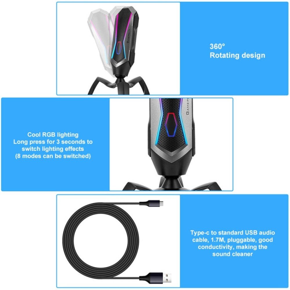 Yanmai T1 360 - degree Free Rotation Cardioid Pointing Condenser Gaming Microphone with RGB Colorful Lighting & Pluggable USB - C / Type - C Cable, Cable Length: 1.7m, T1 - laboratorydeal