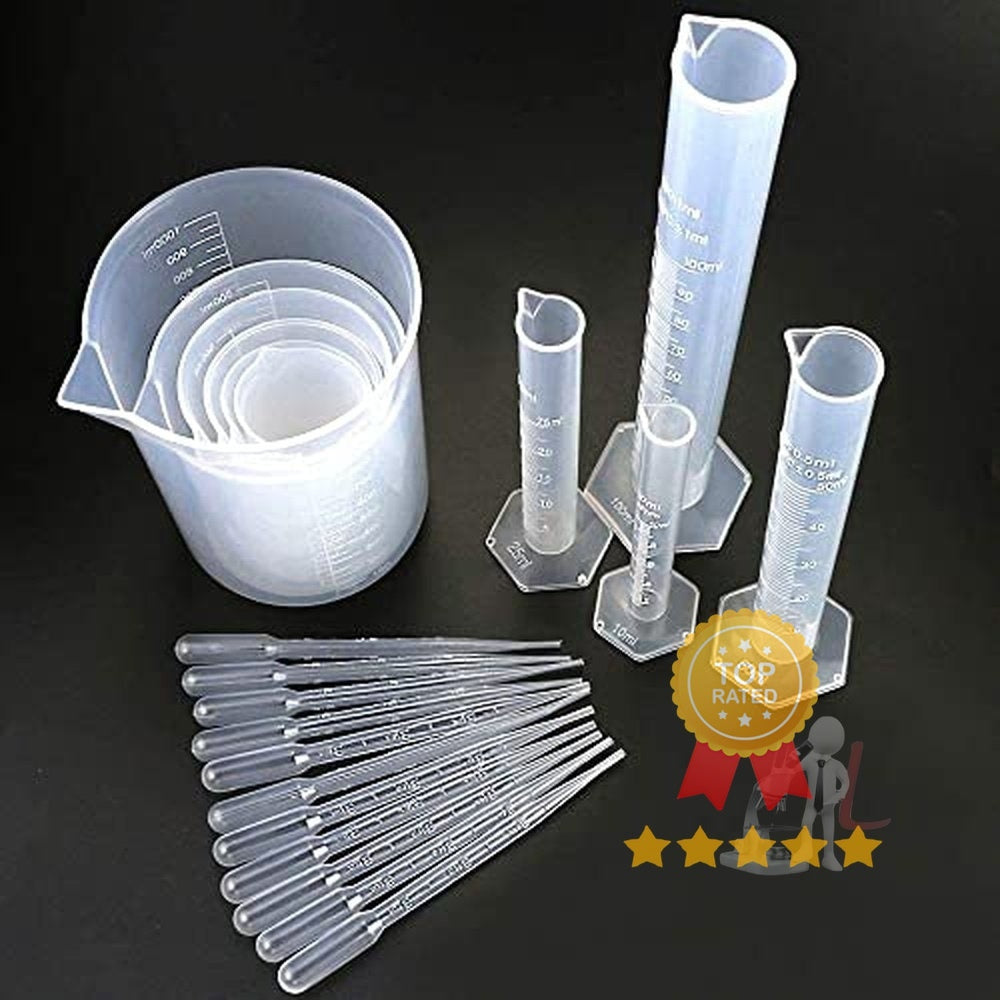 4 PCS Plastic Graduated Cylinders 10ml/25ml/50ml/100ml and 6 PCS Plastic Beakers 50ml/100ml/150ml/250ml/500ml/1000ml for DIY and Laboratory Measuring with 20 Plastic Droppers in 3 ml - Laboratorydeal