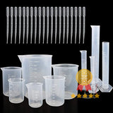 4 PCS Plastic Graduated Cylinders 10ml/25ml/50ml/100ml and 6 PCS Plastic Beakers 50ml/100ml/150ml/250ml/500ml/1000ml for DIY and Laboratory Measuring with 20 Plastic Droppers in 3 ml