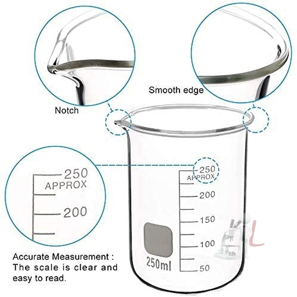 Beaker Glass Borosilicate 3.3  5 ml, 10 ml, 25 ml, 50 ml, 100 ml, 250 ml with Graduation Marks, Set of 6 Beakers - Laboratorydeal