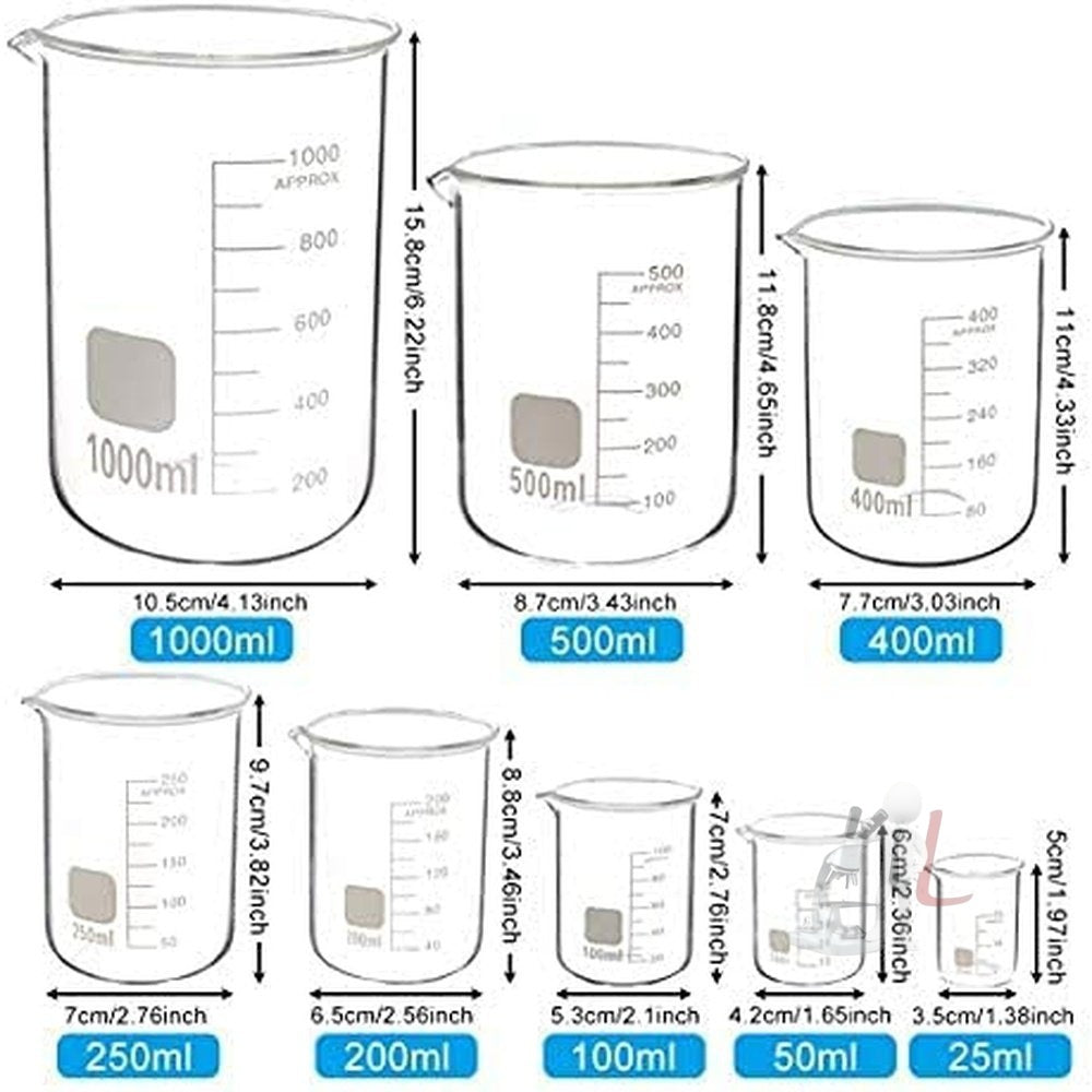 Lot De 5 Tasses Graduées En Verre Borosilicate - 50ml, 100ml, 250ml, 500ml, 1000ml - Pour Laboratoire, Cuisine - 8