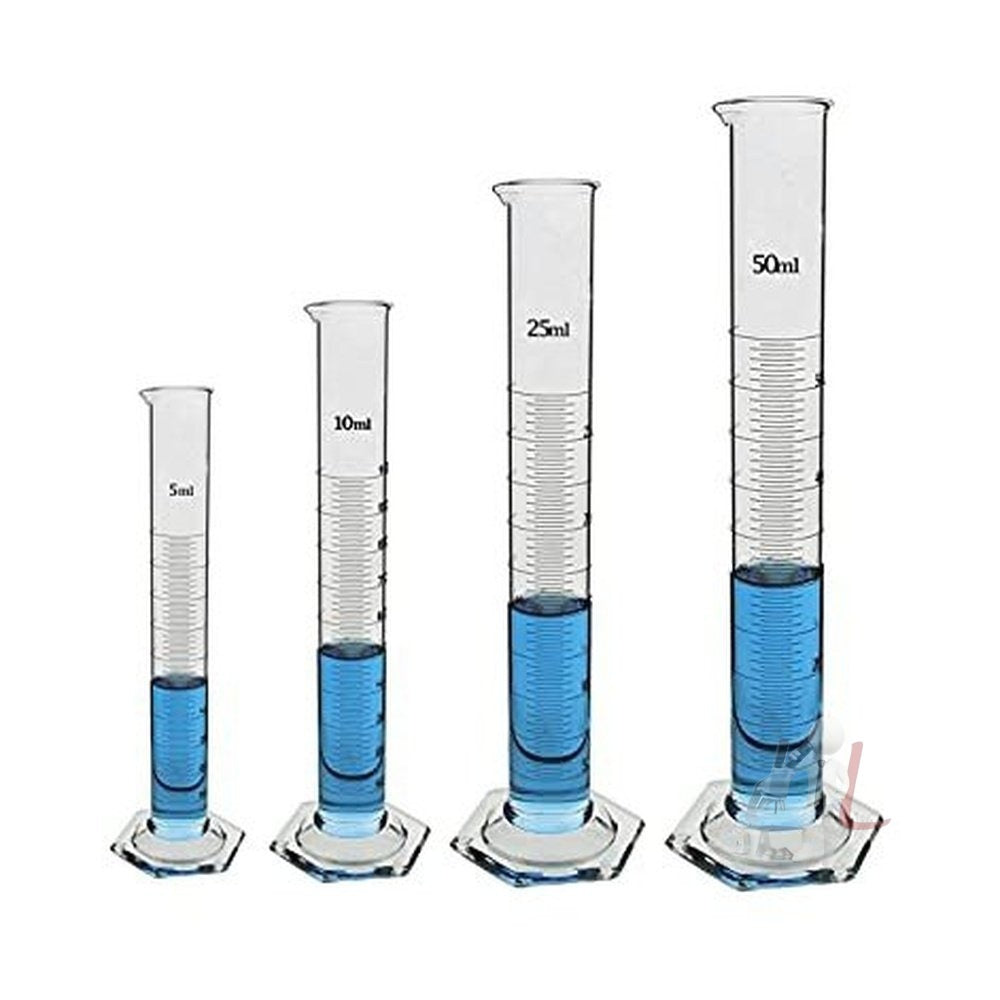 Borosilicate 3.3 Glass Measuring Cylinder 5 ml, 10 ml, 25 ml, 50 ml with Graduation Marks, Set of 4 Measuring Cylinders - Laboratorydeal