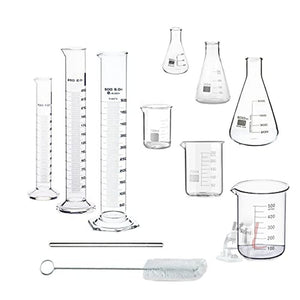 Chemistry Kit  Cylinder, Beakers and Conical Flask (100,250,500ml) with Stirring Rod and Cleaning Brush - Pack of 11 - Laboratorydeal