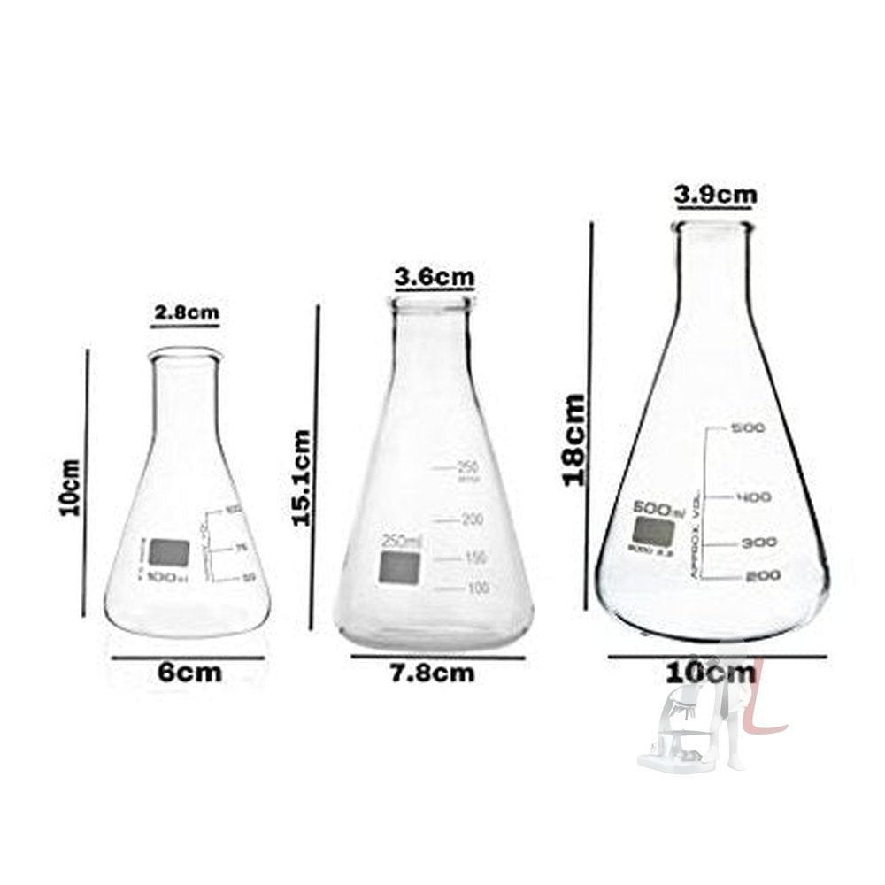 Conical Flask In Chemistry Lab 100 ml, 250 ml & 500 ml, Made of Borosilicate Glass 3.3, Graduated, Pack of 3 - Laboratorydeal
