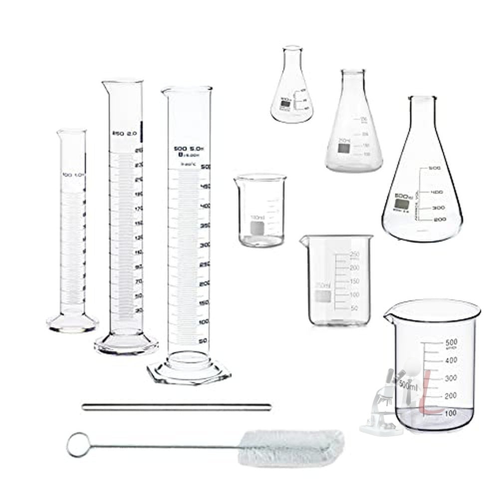 G.I Kit Cylinder, Beakers and Conical Flask (100,250,500ml) with Stirring Rod and Cleaning Brush - Pack of 11 - Laboratorydeal