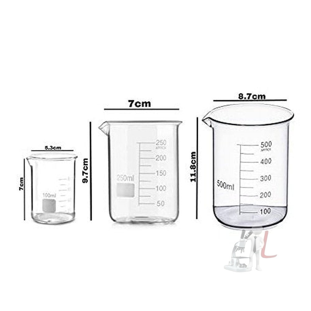 G.I Kit Cylinder, Beakers and Conical Flask (100,250,500ml) with Stirring Rod and Cleaning Brush - Pack of 11 - Laboratorydeal