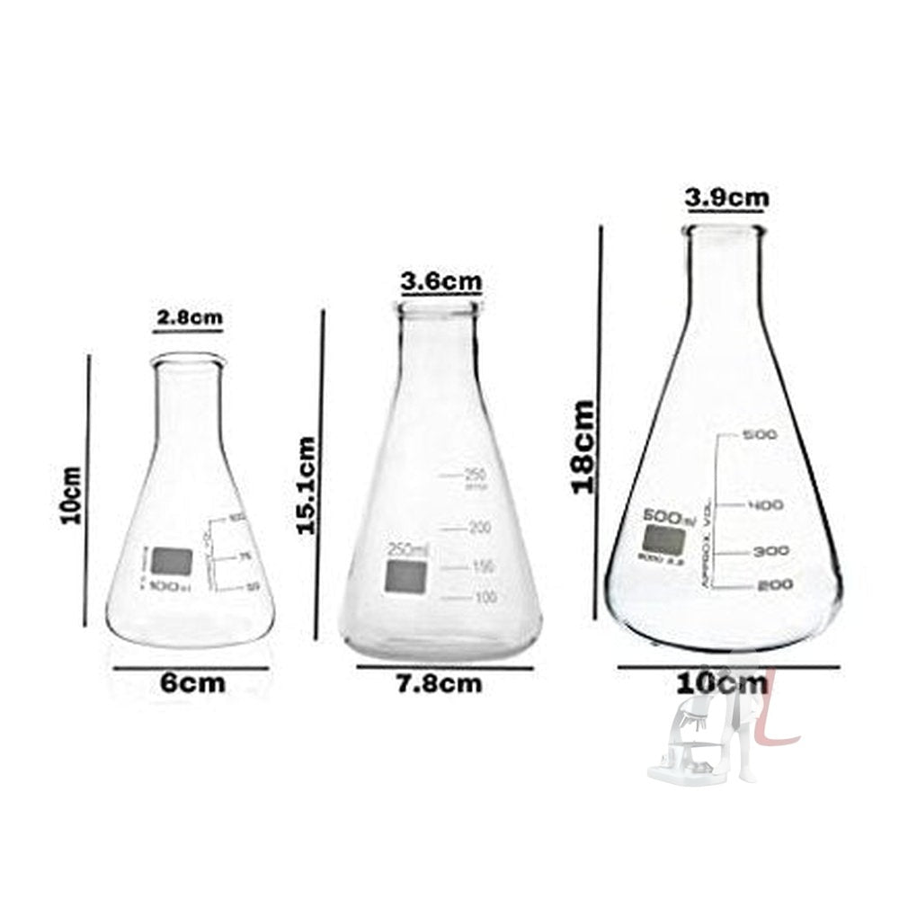 G.I Kit Cylinder, Beakers and Conical Flask (100,250,500ml) with Stirring Rod and Cleaning Brush - Pack of 11 - Laboratorydeal