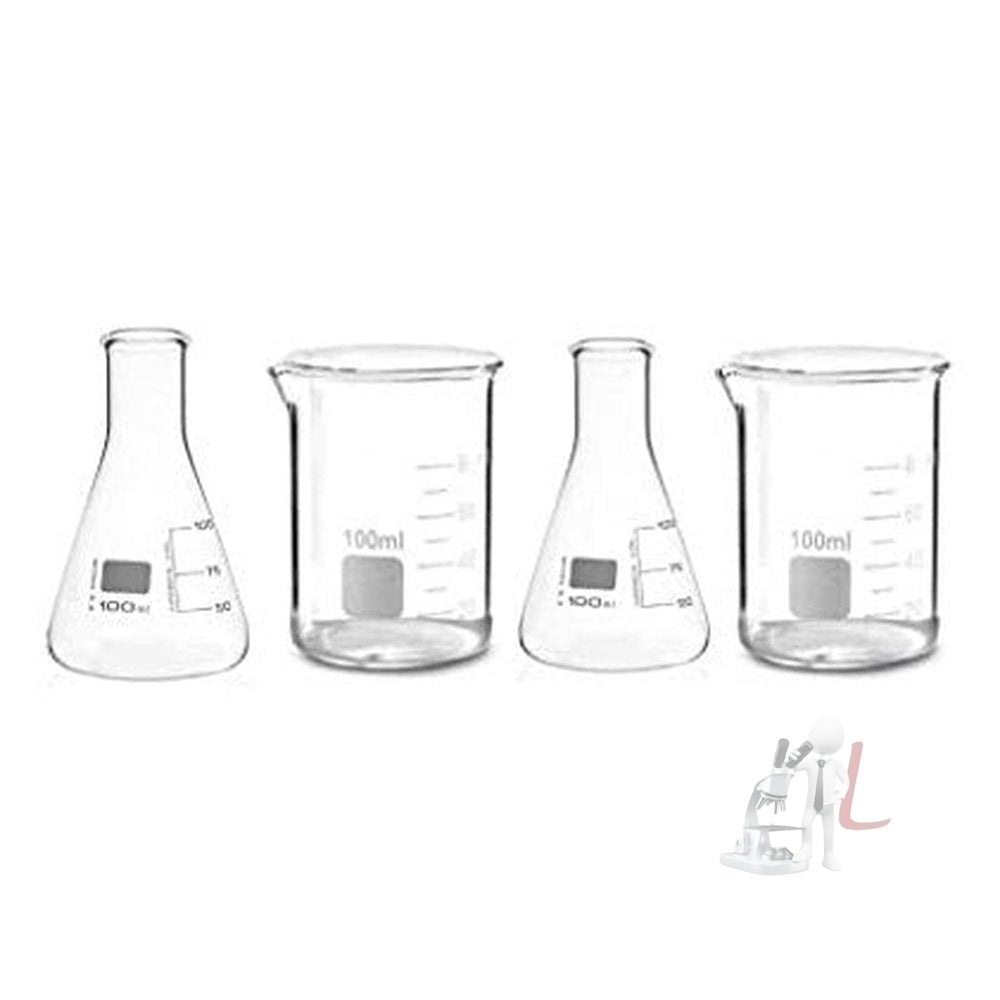 SPYLX High Quality Borosilicate 3.3 Glass Beakers - 100 ml 2pcs and Conical - 100 ml 2pcs with Graduation Marks, Pack of 4 - Laboratorydeal
