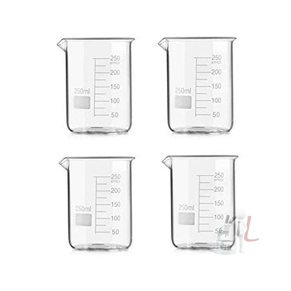 SPYLX High Quality Borosilicate 3.3 Glass Beakers - 250 ml with Graduation Marks, Pack of 4 - Laboratorydeal
