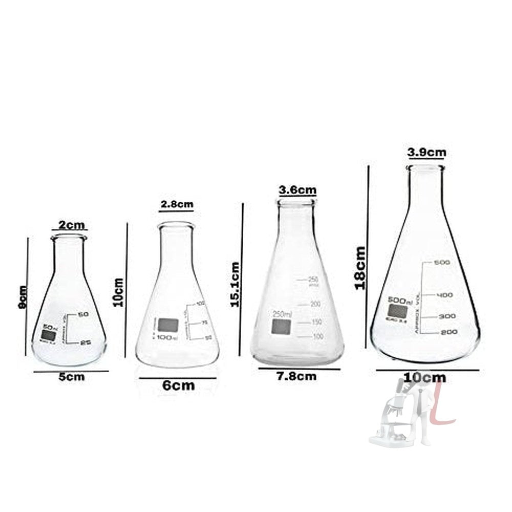SPYLX High Quality Borosilicate 3.3 Glass Conical - 50 ml, 100 ml, 250 ml, 500 ml, Pack of 4 - Laboratorydeal