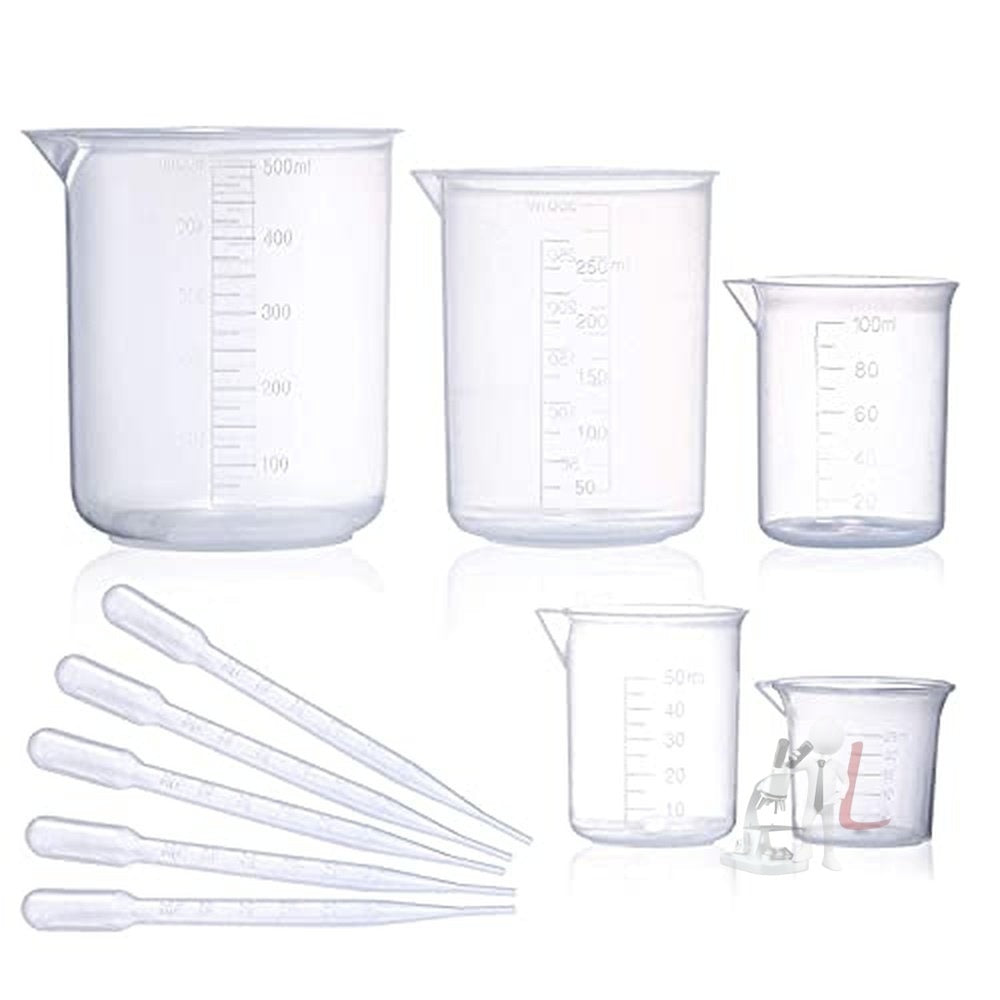 SPYLX Plastic Beaker Set, 5 Sizes Low Form Measuring Graduated Beakers in 500 ml, 250 ml, 100 ml, 50 ml, 25 ml for Laboratory, & Science Experiments with 5 Plastic Droppers in 3 ml - Laboratorydeal