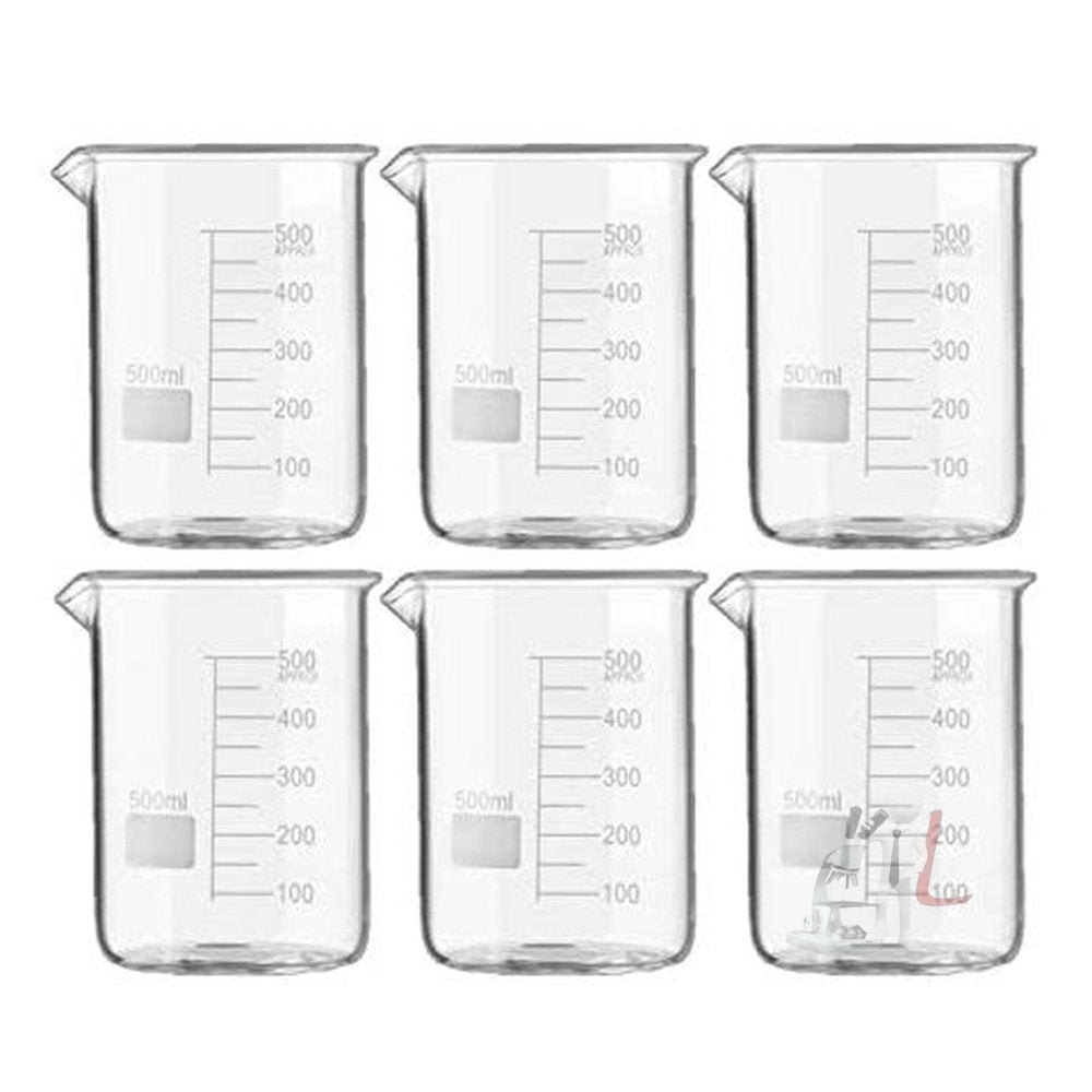 SPYLX High Quality Borosilicate 3.3 Glass Beakers - 500 ml with Graduation Marks, Pack of 6 - Laboratorydeal