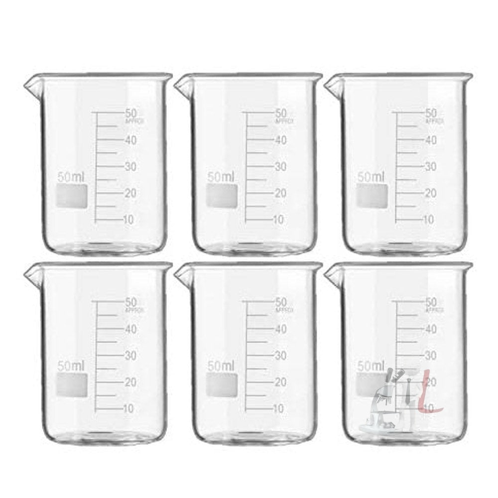 SPYLX High Quality Borosilicate 3.3 Glass Beakers - 50 ml 6 pcs with Graduation Marks, Pack of 6 - Laboratorydeal