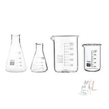 High Quality Borosilicate 3.3 Glass Beakers - 100 ml, 250 ml and Conical - 100 ml, 250 ml with Rubber Cork & Graduation Marks, Pack of 4- 