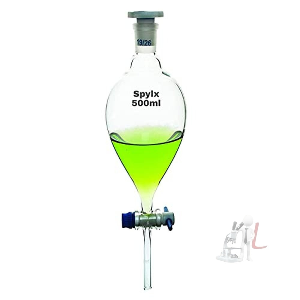 Scifa Borosilicate Glass 3.3 500 ml Separatory funnel Pear Shape with Stop Cork and Inter changeable Plastic Stopper - Pack of 2-500 ml - Laboratorydeal