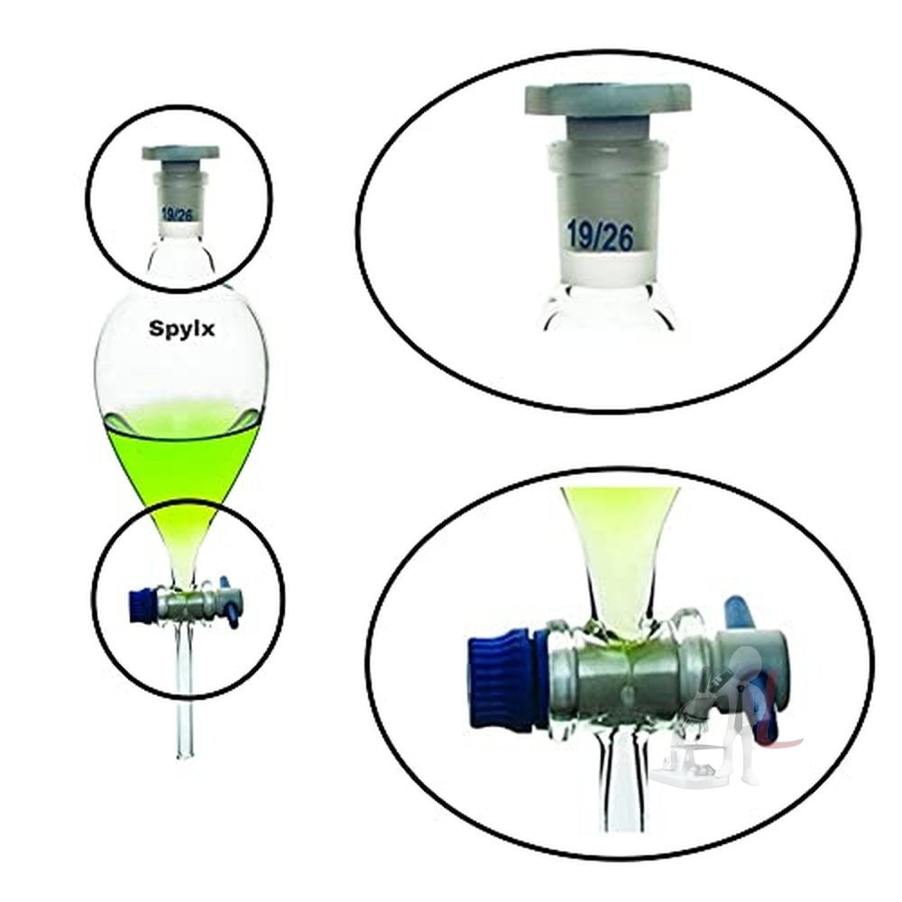Scifa Borosilicate Glass 3.3 Separatory funnel Pear Shape with Stop Cork and Inter changeable Plastic Stopper 100 ml - Laboratorydeal