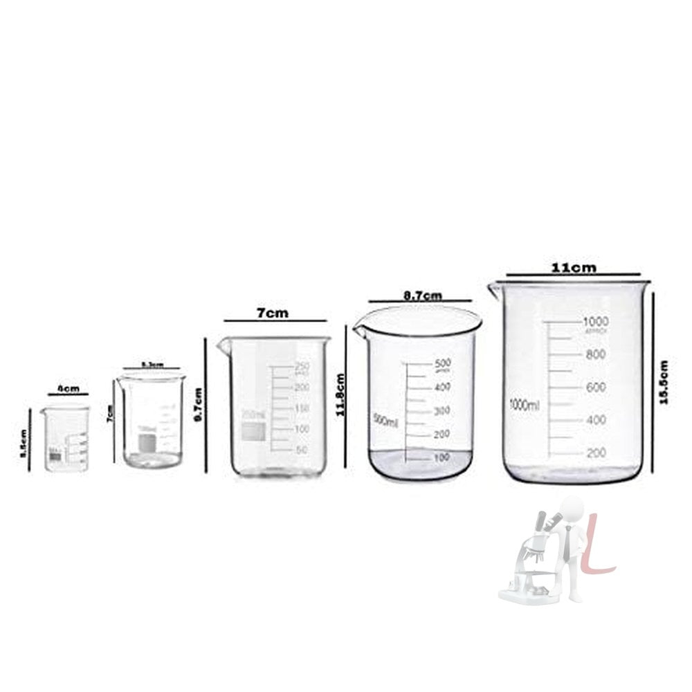 Scifa Borosilicate Glass Beaker 50ml, 100ml, 250ml, 500ml, 1000ml - Pack of 5 - Laboratorydeal