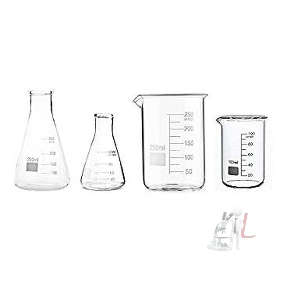 Scifa High Quality Borosilicate 3.3 Glass Beakers - 100 ml, 250 ml and Conical - 100 ml, 250 ml with Rubber Cork & Graduation Marks, Pack of 4 - Laboratorydeal